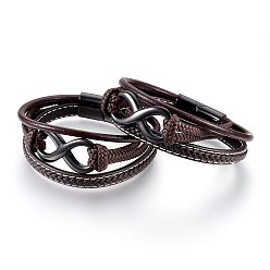 Gunmetal Braided Leather Cord Multi-strand Bracelets, with 304 Stainless Steel Findings and Magnetic Clasps, Infinity, Coconut Brown, Gunmetal, 8-5/8 inch(22cm), 12~25mm