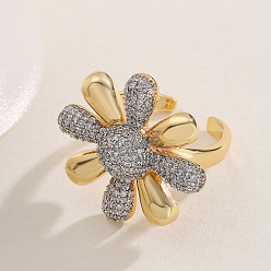 Цветок Латунные кольца-манжеты с микропаве из прозрачных кубических цирконий, платиной и золотом, цветок, 16~18 мм