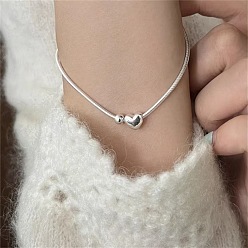 Серебро Браслеты из латунных бусин в форме сердца и круга, браслеты из змеиной цепи для женщин, серебряные, 7-1/8 дюйм (18 см)