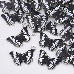 Black Printed Alloy Pendants, with Enamel, Butterfly, Platinum, Black, 13.5x20x2mm, Hole: 1.6mm