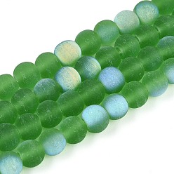 Зеленый Матовые прозрачные стеклянные бусины, круглые, с половиным покрытием, с покрытием AB цвета, зелёные, 6~6.5 мм, отверстие : 0.9 мм, около 67~70 шт / нитка, 14.57~15.16'' (37~38.5 см)