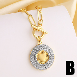 Heart Duo Tone Religion Brass Micro Pave Clear Cubic Zirconia Flat Round Pendant Necklaces, Golden & Stainless Steel Color, Heart, 19.69 inch(50cm)
