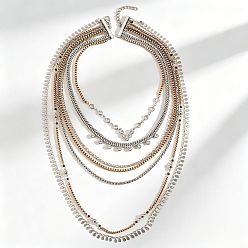 Platine & Or Colliers bohèmes à plusieurs rangs en alliage, cristal et strass, avec pompon en forme de larme, platine et d'or, 16.93 pouce (43 cm)