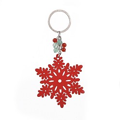 Platine Porte-clés en bois de peuplier teint, avec des découvertes de porte-clés en fer, perles d'aventurine verte et de cornaline, flocon de neige, rouge, 125mm