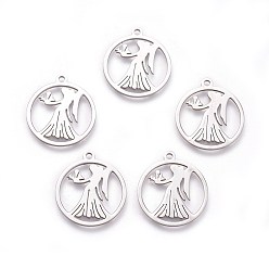 Нержавеющая Сталь Цвет Не тускнеющие 304 подвески из нержавеющей стали, плоские круглые с ангелом, цвет нержавеющей стали, 24.7x22x1 мм, отверстие : 1.8 мм