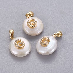 Letter G Подвески из натурального пресноводного жемчуга, с латунными микро проложить кубических выводы циркония, самородки с буквой, долговечный, золотые, прозрачные, letter.g, 17~27x12~16x6~12 мм, отверстие : 4x2.5 мм