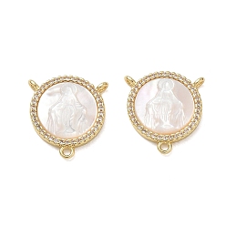 Real 18K Gold Plated Brass Micro Pave Clear Cubic Zirconia Chandelier Component Links, Round with Virgin Mary, with Natural White Shell, Cadmium Free & Lead Free, Long-Lasting Plated, Rack Plating, Real 18K Gold Plated, 17x16x3mm, Hole: 1.4mm