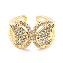 Real 18K Gold Plated Brass Micro Pave Cubic Zirconia Cuff Ring, Long-Lasting Plated, Butterfly, Real 18K Gold Plated, US Size 7(17.3mm)