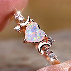 Сердце Кольца перста сплава, с латунной микро-паве кубического циркония и опаловой фурнитурой, сердце, размер США 9 (18.9 мм)