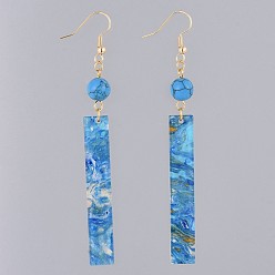 Synthetic Turquoise Dangle Earrings, with Synthetic Turquoise Round Beads, Cellulose Acetate(Resin) Pendants and Real 18K Gold Plated Brass Earring Hooks, Rectangle, 89mm, Pin: 0.7mm