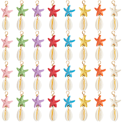(52) Непрозрачная лаванда 40 шт. подвески из синтетической бирюзы и натуральной ракушки каури в виде морской звезды, с немагнитными синтетическими гематитовыми бусинами и петлями из медной проволоки, золотые, разноцветные, 32.5x14x7 мм, отверстие : 2.4 мм