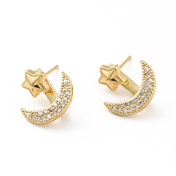Настоящее золото 18K Серьги-гвоздики из прозрачного кубического циркония с луной и звездой спереди сзади, украшения из латуни для женщин, без кадмия и без свинца, реальный 18 k позолоченный, 16 мм, штифты : 0.7 мм