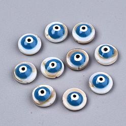 Dodger Blue Natural Freshwater Shell Beads, with Enamel, Flat Round with Evil Eye, Dodger Blue, 9x4.5mm, Hole: 0.8mm