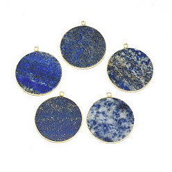 Lapis Lazuli Natural Lapis Lazuli Pendants, with Brass Findings, Flat Round, Golden, 32~34x28.5~31x2mm, Hole: 1.6mm