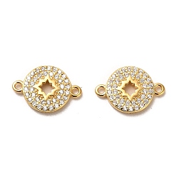 Real 18K Gold Plated 925 Sterling Silver Connector Charms, with Clear Cubic Zirconia, Flat Round with 925 Stamp, Real 18K Gold Plated, 9.5x14x2mm, Hole: 1mm