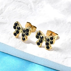 Настоящее золото 18K 304 из нержавеющей стали серьги, со стразами, ионное покрытие (ip), бантом, реальный 18 k позолоченный, 8.5x11 мм