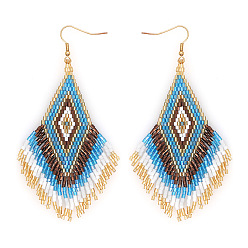 Blue Bohemian Handmade Glass Seed Beads Tassel Dangle Earrings, Golden, Rhombus, Blue, 100x52mm