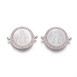 Платина Соединители из латуни с микропаве и кубическим цирконием, с оболочкой, плоские круглые с Девой Марией, прозрачные, платина, 15x20x4 мм, отверстие : 1.2 мм