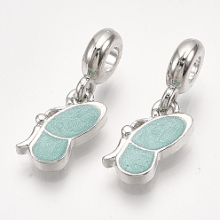 Turquoise Sparkling Alloy European Dangle Charms, with Enamel, Large Hole Pendants, Butterfly, Platinum, Turquoise, 25mm, Hole: 4mm