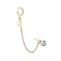 Silver Natural Pearl Brass Crawler Ear Studs Chains, with Hoop Earring and Star Charm, Silver, 85x2mm