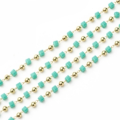 Морско-зеленый Ручной цепи стекло бисером, пайки, с латунной фурнитурой , с катушкой, долговечный, золотые, кубические, цвета морской волны, 3~3.2x3~3.2x3~3.2 мм, 3 мм, около 32.8 футов (10 м) / рулон