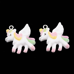 Разноцветный Смола подвеска, с порошком блеска и железом, единорог, платина, красочный, пригодный для 3 мм горный хрусталь, 24x26x6 мм, отверстие : 1.5 мм