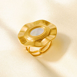 Настоящее золото 18K 304 Открытые кольца-манжеты из нержавеющей стали с натуральными ракушками для женщин, овальные, реальный 18 k позолоченный, 23 мм, внутренний диаметр: 17 мм