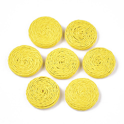 Желтый Обвязанные бусины ручной работы, бумажная имитация рафии, покрытая деревом, нет отверстий / незавершенного, плоско-круглые, желтые, 30~33x6~7 мм