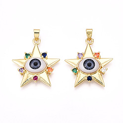 Настоящее золото 18K Подвески из латуни с микропаве из кубического циркония для женщин, без кадмия, без никеля и без свинца, звезды с глаз, cmолой, реальный 18 k позолоченный, 32~32.5x29~29.5x7 мм, отверстие : 3.2x6~6.5 мм