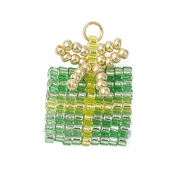 Зеленый лайм Подвески из стеклянного бисера в подарок на Рождество, с 304 кольцами из нержавеющей стали, реальный 18 k позолоченный, зеленый лайм, 20x16x4 мм, отверстие : 2.6 мм