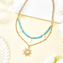 Луна Подвеска в виде солнца из натуральной пресноводной ракушки и сплава стекла, синтетическая бирюза, круглые бусины и 304 цепочка из нержавеющей стали, двухслойные ожерелья для женщин, золотые, цвет морской раковины, луна, 15.94 дюйм (40.5 см), Луна: 16x9 мм