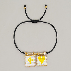 Белый Богемные стеклянные браслеты с подвесками из бисера, плетеные браслеты из синтетического шнура для женщин, прямоугольник с крестом и сердцем, с 304 из нержавеющей стали бусы, белые, 11.02 дюйм (28 см)