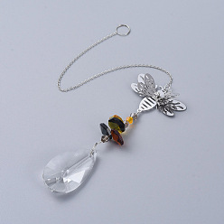 Платина Хрустальная люстра призмы, слеза, стеклянный подвесной кулон, со стразами, звенья пчелиного железа и кабельная цепь, граненые, платина, 350x2 мм