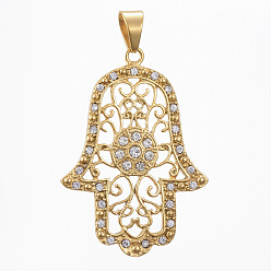 Doré  304 en acier inoxydable gros pendentifs, avec strass, hamsa main / main de fatima / main de miriam, or, 63x45x4mm, Trou: 11x8mm