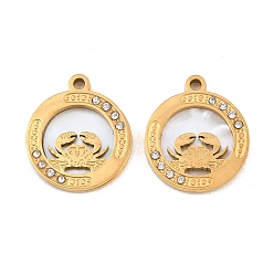 Oro Tema oceánico 304 Colgantes de acero inoxidable, concha natural y diamantes de imitación, plano redondo con cangrejo, revestimiento de iones (ip), larga duración plateado, dorado, 17.5x15x2 mm, agujero: 1.5 mm