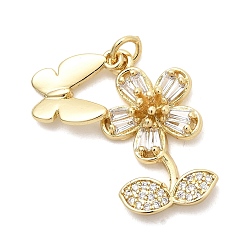 Настоящее золото 18K Латунные микро проложить кубического циркония подвески, подвески в виде бабочек и цветов, долговечный, стойки покрытие, без свинца и без кадмия, реальный 18 k позолоченный, 22.5x13x5 мм, отверстие : 3 мм