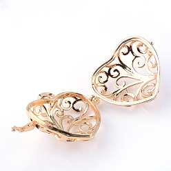 Light Gold Rack Plating Brass Cage Pendants, For Chime Ball Pendant Necklaces Making, Hollow Heart, Light Gold, 31x33x15.5mm, Hole: 3x7mm, inner measure: 22x26mm