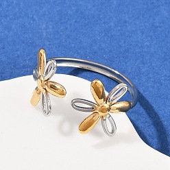 Цветок 304 двухцветные манжетные кольца из нержавеющей стали, ионное покрытие (ip), золотые и нержавеющая сталь цвет, цветок, 11 мм, внутренний диаметр: регулируемый