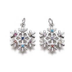 Platinum Brass Micro Pave Cubic Zirconia Pendants, with Enamel and Jump Ring, Christmas, Snowflake, Platinum, 19x15x2.3mm, Hole: 3mm