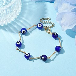 Blue Lampwork Evil Eye Link Chain Bracelets, with Golden Brass Bar Link Chains, Blue, 7 inch(17.8cm)