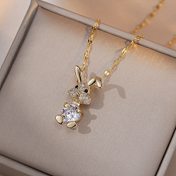 Прозрачный 304 Подвеска в виде кролика из нержавеющей стали с инкрустацией кубическим цирконием, цепочка с рифленой поверхностью для женщин, золотые, прозрачные, 15.75 дюйм (40 см)