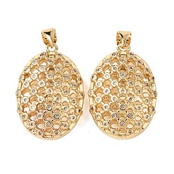 Настоящее золото 18K Латунные микропаве прозрачные подвески с фианитом, долговечный, полые овальные прелести, реальный 18 k позолоченный, 25x17x8 мм, отверстие : 5x3.5 мм
