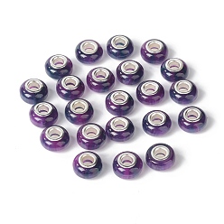 Dark Violet Rondelle Resin European Beads, Large Hole Beads, Imitation Stones, with Silver Tone Brass Double Cores, Dark Violet, 13.5x8mm, Hole: 5mm