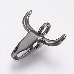 Черный Цвет Металла Латунные подвески, без свинца и без кадмия, головы быка, металлический черный , 15x14.5x3 мм, отверстие : 2 мм