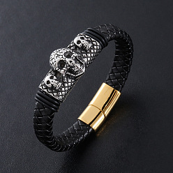 Античный Серебристый & Золотой Браслеты из плетеного шнура из искусственной кожи в стиле панк, 304 Браслеты с подвесками в виде черепа из нержавеющей стали для мужчин, с магнитной застежкой, старинное серебро & золотой, 8.66 дюйм (22 см)