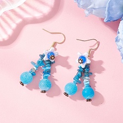 Синий Серьги-подвески из натуральных смешанных камней в форме цветка, с 304 фурнитурой для сережек из нержавеющей стали и сплава в тибетском стиле, золотые, синие, 42x20 мм