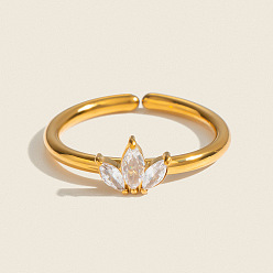 Real 18K Gold Plated 304 Stainless Steel Pave Cubic Zirconia Cuff Open Rings for Women, Flower, Real 18K Gold Plated, 6.3mm, US Size 5 3/4(16.3mm)