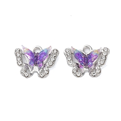 Фиолетовый Стойки подвески обшивки сплава, с стразами и смолы, бабочка, фиолетовые, 14x17x5 мм, отверстие : 2 мм