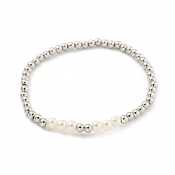 Platinum Brass & ABS Plastic Imitation Pearl Round Beaded Stretch Bracelets for Women, Platinum, Inner Diameter: 2-1/8 inch(5.45cm), bead: 4mm & 5mm