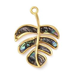 Настоящее золото 18K 304 подвески из нержавеющей стали в форме листьев из натуральной ракушки пауа/ракушки абалона, вакуумное покрытие pvd, реальный 18 k позолоченный, 27x19x3 мм, отверстие : 1.6 мм
